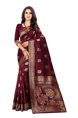 Maroon Woven Silk Saree With Blouse 1