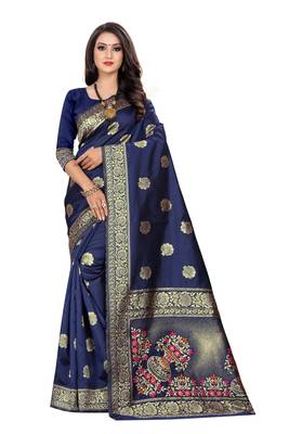 Navy Blue Woven Silk Saree With Blouse 1