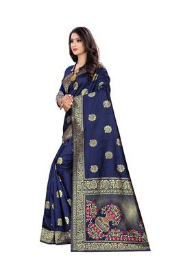 Navy Blue Woven Silk Saree With Blouse 2
