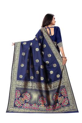 Navy Blue Woven Silk Saree With Blouse 3