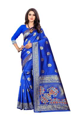 Royal Blue Woven Silk Saree With Blouse 1