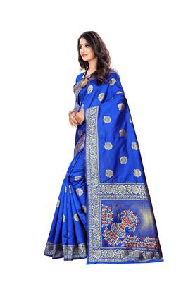 Royal Blue Woven Silk Saree With Blouse 2