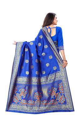 Royal Blue Woven Silk Saree With Blouse 3
