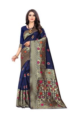 Navy Blue Woven Silk Saree With Blouse 1