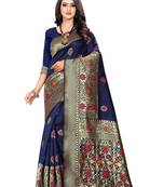 Navy Blue Woven Silk Saree With Blouse