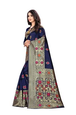 Navy Blue Woven Silk Saree With Blouse 2