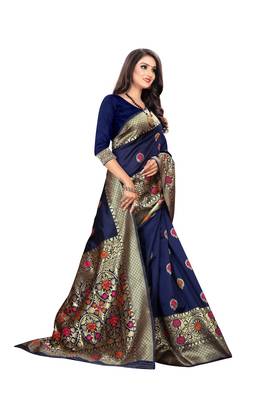 Navy Blue Woven Silk Saree With Blouse 3