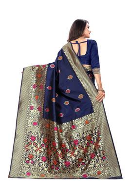 Navy Blue Woven Silk Saree With Blouse 4