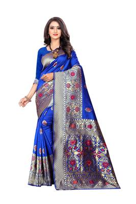 Royal Blue Woven Silk Saree With Blouse 1