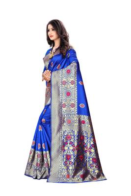 Royal Blue Woven Silk Saree With Blouse 2