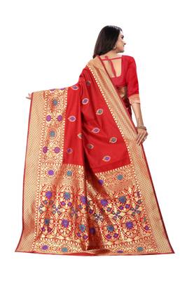 Red Woven Silk Saree With Blouse 3