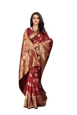 Maroon Woven Silk Saree With Blouse 3