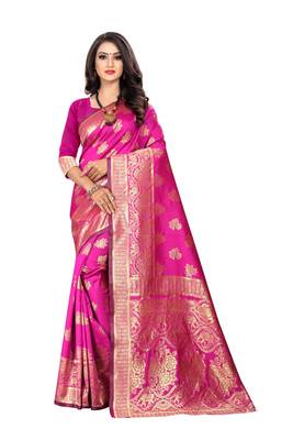 Rani Pink Woven Silk Saree With Blouse 1