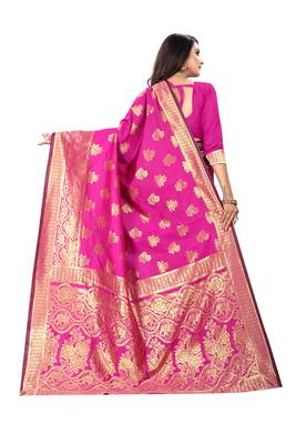 Rani Pink Woven Silk Saree With Blouse 3