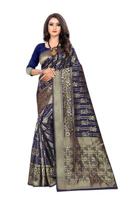Navy Blue Woven Silk Saree With Blouse 1