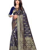Navy Blue Woven Silk Saree With Blouse