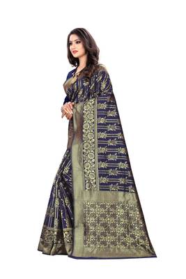 Navy Blue Woven Silk Saree With Blouse 2