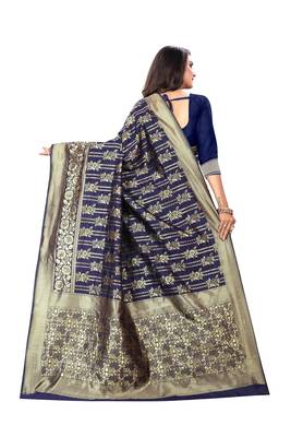 Navy Blue Woven Silk Saree With Blouse 3