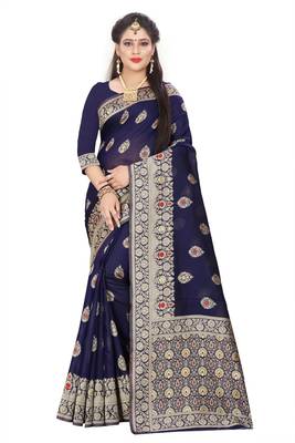 Navy Blue Woven Silk Saree With Blouse 1
