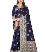 Navy Blue Woven Silk Saree With Blouse