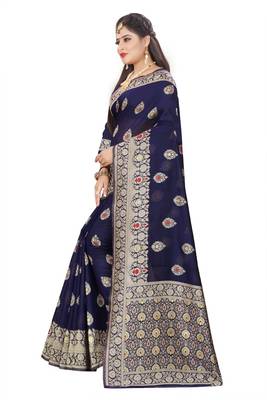 Navy Blue Woven Silk Saree With Blouse 2