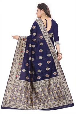 Navy Blue Woven Silk Saree With Blouse 3