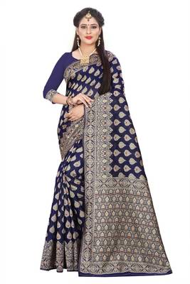 Navy Blue Woven Silk Saree With Blouse 1