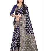 Navy Blue Woven Silk Saree With Blouse