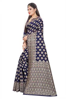 Navy Blue Woven Silk Saree With Blouse 2