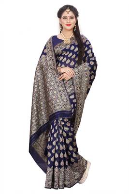 Navy Blue Woven Silk Saree With Blouse 3