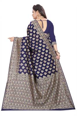 Navy Blue Woven Silk Saree With Blouse 4