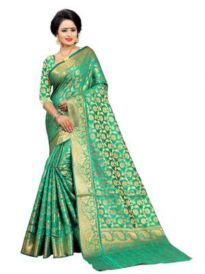 Green woven banarasi silk saree with blouse 1