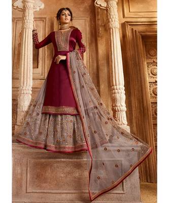 Partywear Designer Embroidery Wine Satin Georgette Salwar Suit 1