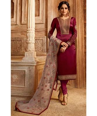 Partywear Designer Embroidery Wine Satin Georgette Salwar Suit 2