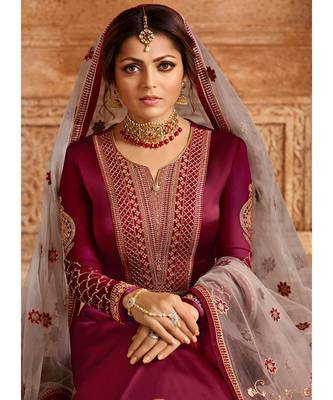 Partywear Designer Embroidery Wine Satin Georgette Salwar Suit 3