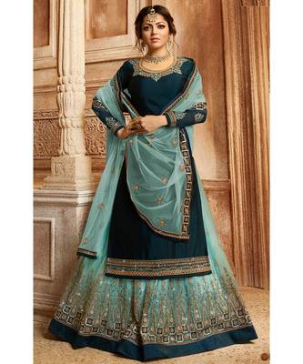 Partywear Designer Embroidery Blue Satin Georgette Salwar Suit 1