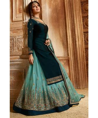 Partywear Designer Embroidery Blue Satin Georgette Salwar Suit 2