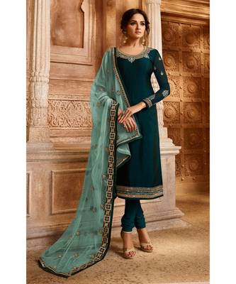 Partywear Designer Embroidery Blue Satin Georgette Salwar Suit 3