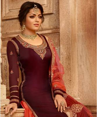Partywear Designer Embroidery Maroon Fancy 2 Ton Salwar Suit 4