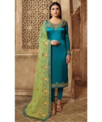 Partywear Designer Embroidery Sky Blue  Satin Georgette Salwar Suit 2