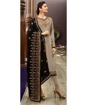 Partywear Designer Embroidery Grey Satin Georgette Salwar Suit 1