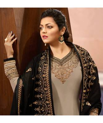 Partywear Designer Embroidery Grey Satin Georgette Salwar Suit 2