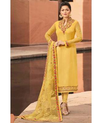 Partywear Designer Embroidery Yellow Satin Georgette Salwar Suit 1