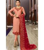 Partywear Designer Embroidery Peach Satin Georgette Salwar Suit