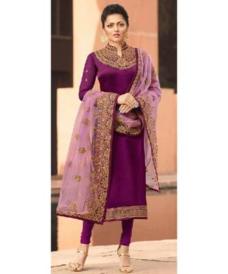 Partywear Designer Embroidery Dark Magenta Satin Georgette Salwar Suit 1