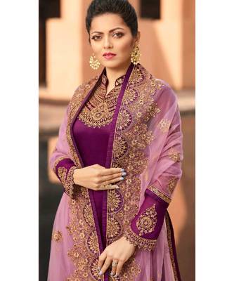 Partywear Designer Embroidery Dark Magenta Satin Georgette Salwar Suit 2