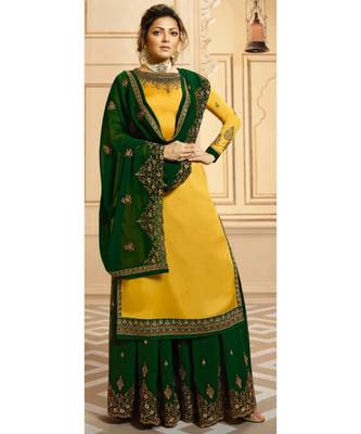Partywear Designer Embroidery Musturd Georgette Satin Salwar Suit 1
