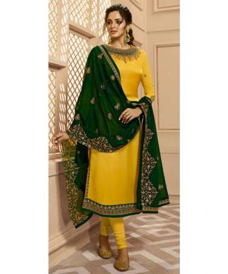 Partywear Designer Embroidery Musturd Georgette Satin Salwar Suit 2