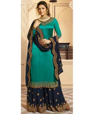 Partywear Designer Embroidery Rama Georgette Satin Salwar Suit 1