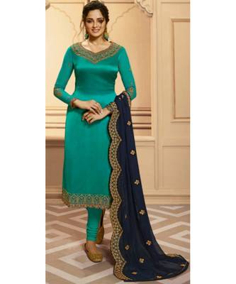 Partywear Designer Embroidery Rama Georgette Satin Salwar Suit 2